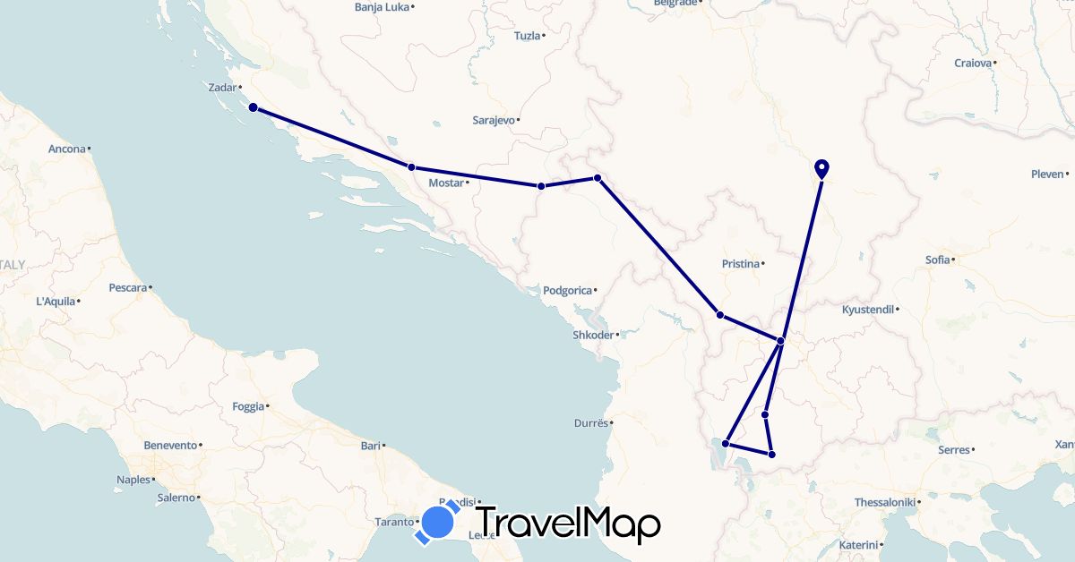 TravelMap itinerary: driving in Bosnia and Herzegovina, Croatia, Montenegro, Macedonia, Serbia (Europe)
